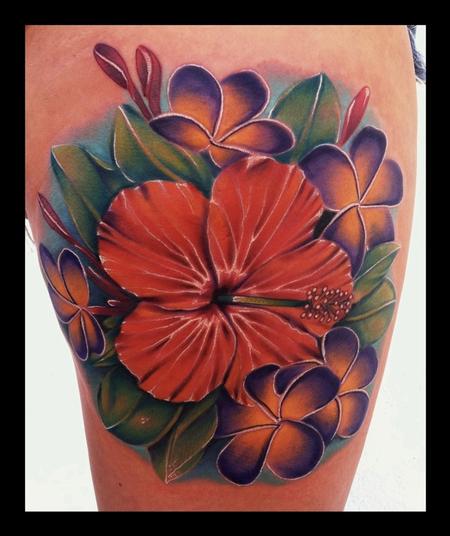 Realistic Hibiscus Flowers Tattoo Design For Thigh