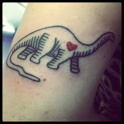 Red Heart Outline Dinosaur Tattoo