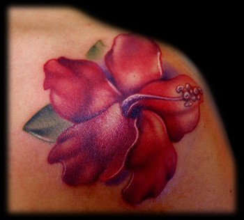 Red Ink Hibiscus Flower Tattoo Design For Shoulder