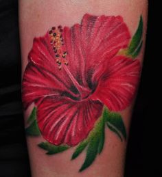 Red Ink Hibiscus Flower Tattoo Design For Thigh