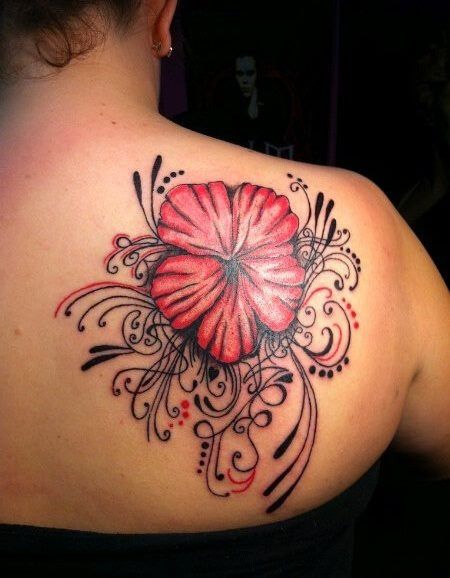 Red Ink Hibiscus Flower Tattoo On Right Back Shoulder