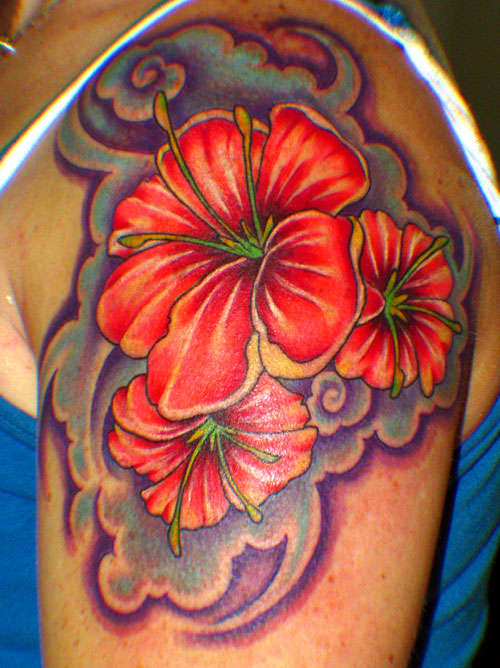 Red Ink Hibiscus Flowers Tattoo On Shoulder