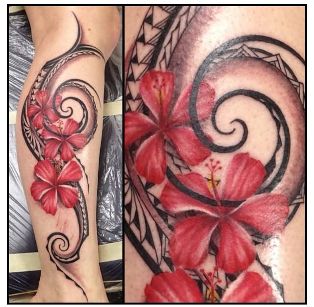 Red Ink Hibiscus Flowers With Tribal Design Tattoo On Leg