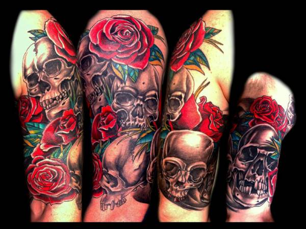 Red Rose And Skull Half Sleeve Tattoo
