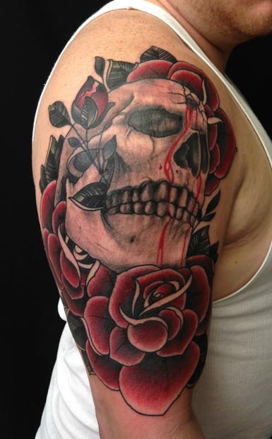 Red Rose And Skull Tattoo On Right Half Sleeve