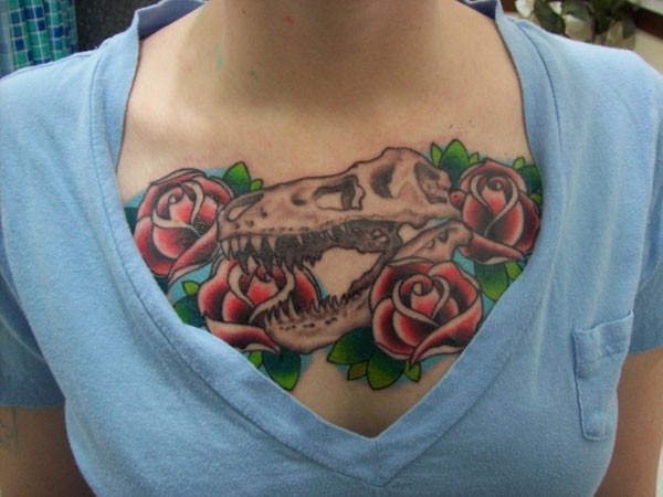 Red Roses And Dinosaur Skull Tattoo On Chest