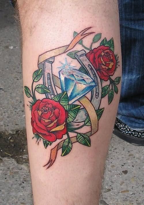Red Roses And Horseshoe Tattoo On Leg