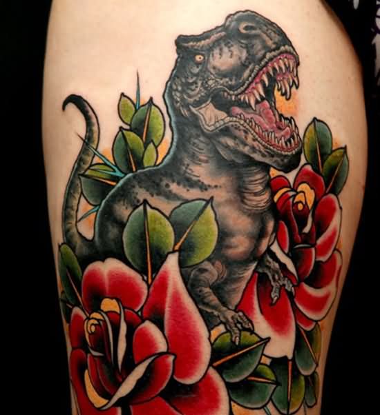 Red Roses Dinosaur Tattoo On Leg
