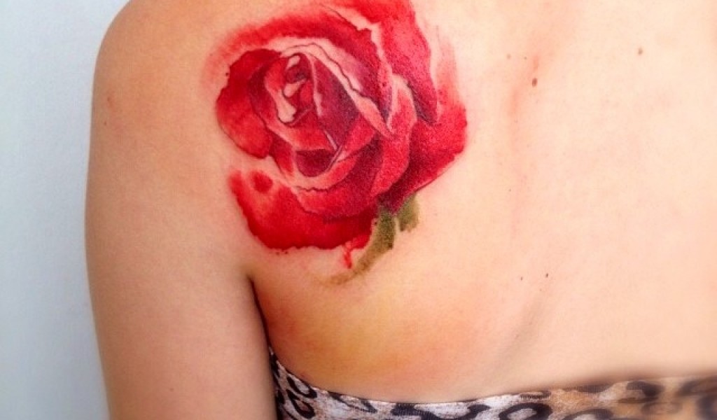 Red Watercolor Rose Tattoo On Left Back Shoulder By Anna Rogich