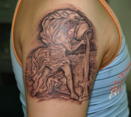 Right Shoulder Grey Ink Cute Aquarius Tattoo