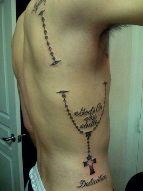 Rosary Cross Tattoo On Man Right Side Rib