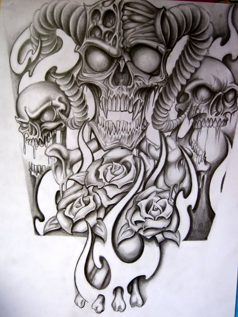 Rose Flowers And Skull Tattoo Design