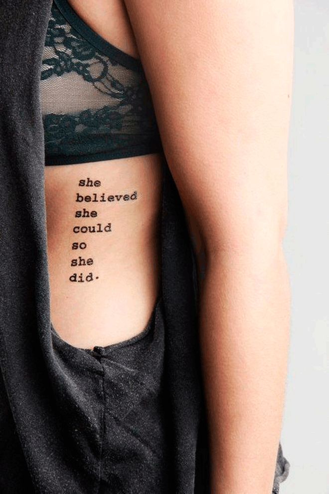 She Believed She Could So She Did Lettering Tattoo On Girl Left Side Rib
