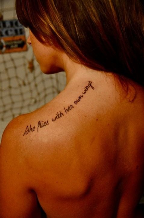 She Flies With Her Own Wings Tattoo On Left Back Shoulder
