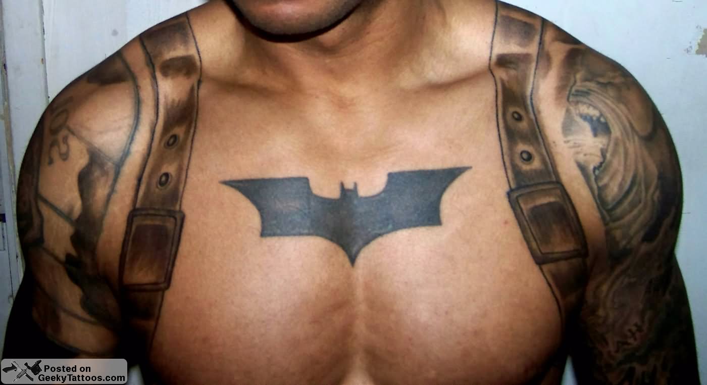 Silhouette Batman Logo Tattoo On Man Chest
