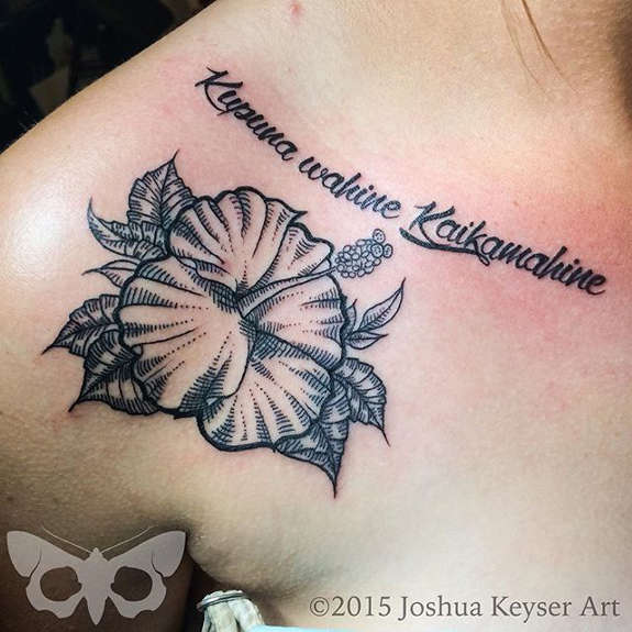 Simple Black Hibiscus Flower Tattoo Design For Front Shoulder