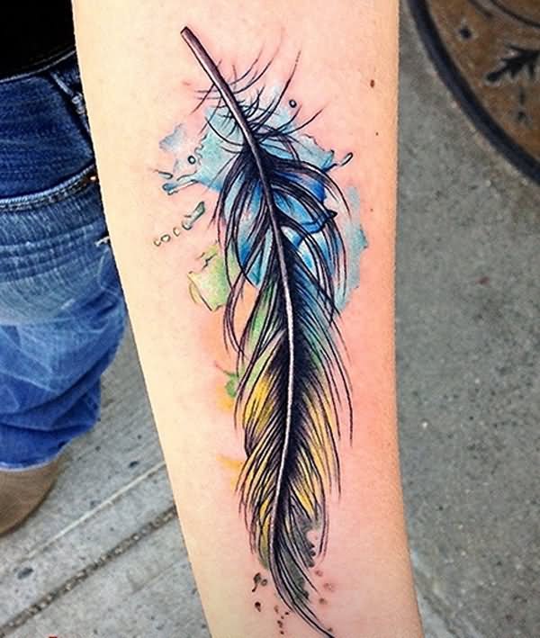 Simple Watercolor Feather Tattoo Design For Forearm