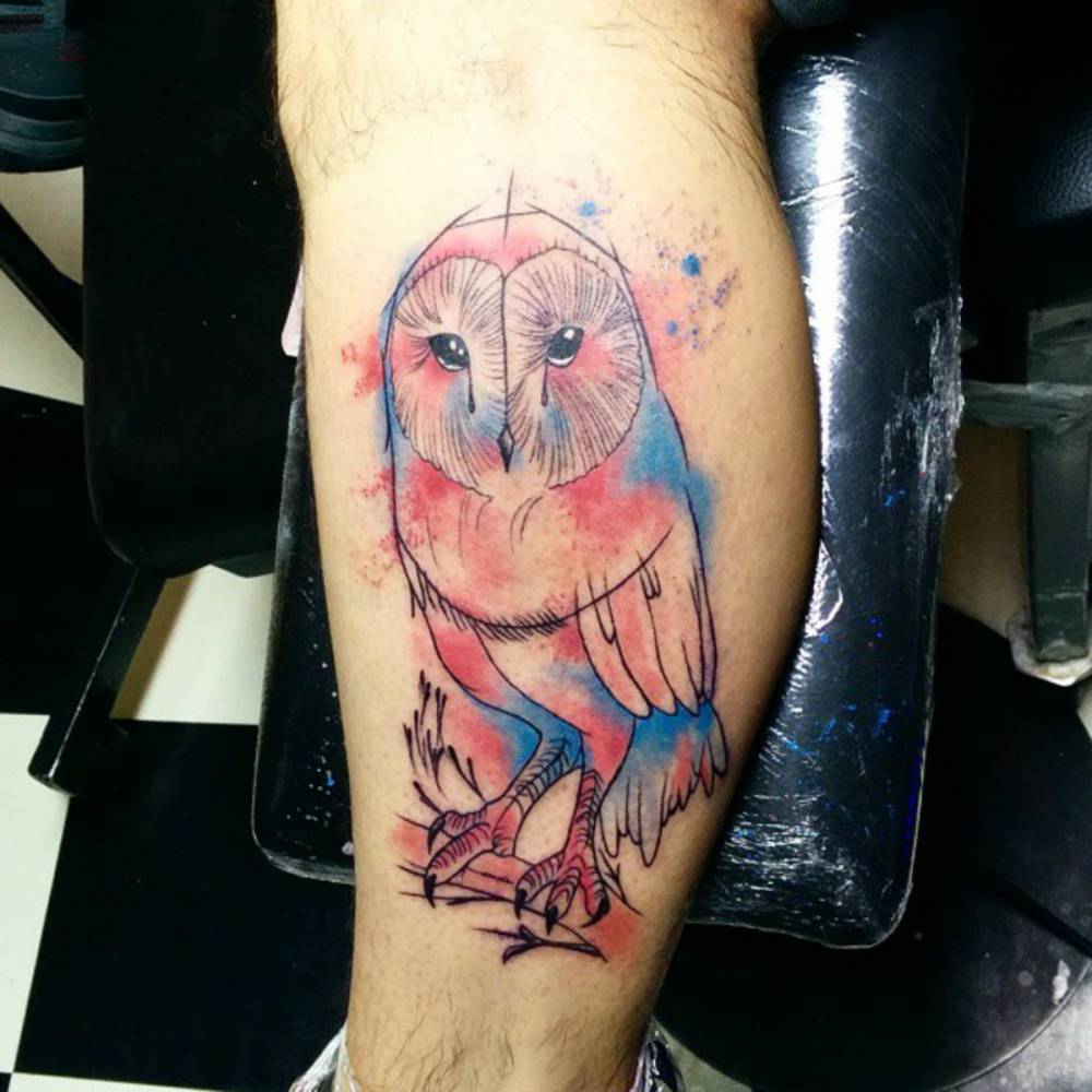 Simple Watercolor Owl Tattoo Design For Leg By Murat Bilek