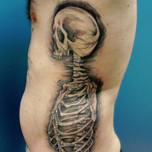 Skeleton Tattoo On Man Left Side Rib