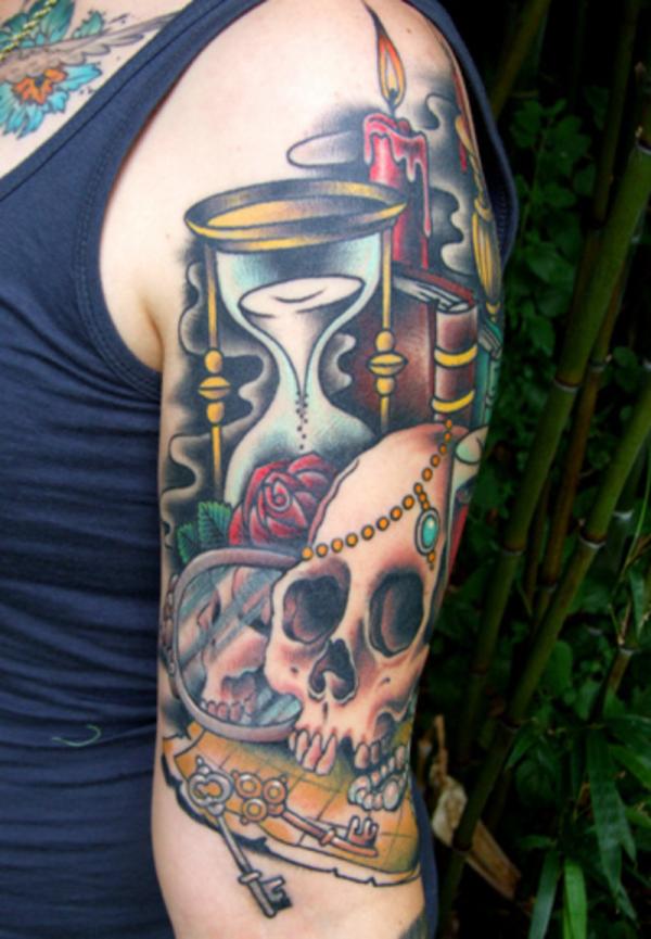 Skull And Hourglass Tattoo On Half Sleeve