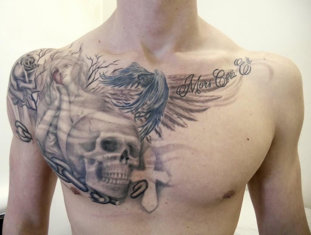 Skull With Cross And Flying Bird Tattoo On Man Chest
