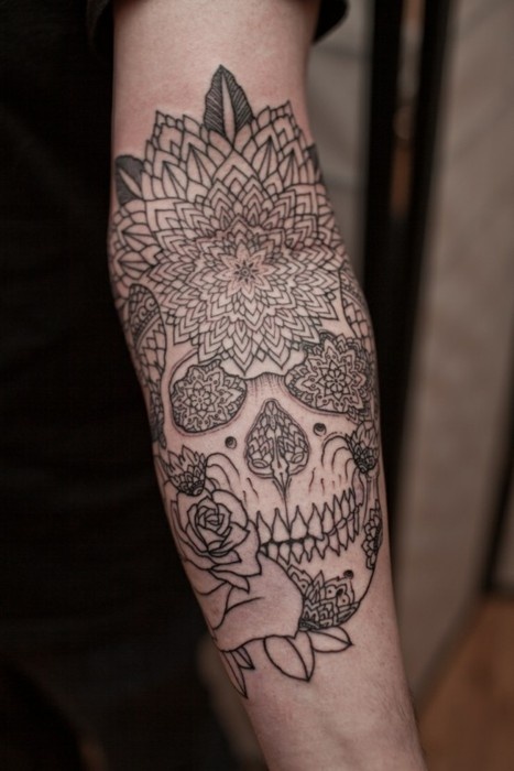 Skull With Flowers Tattoo On Forearm