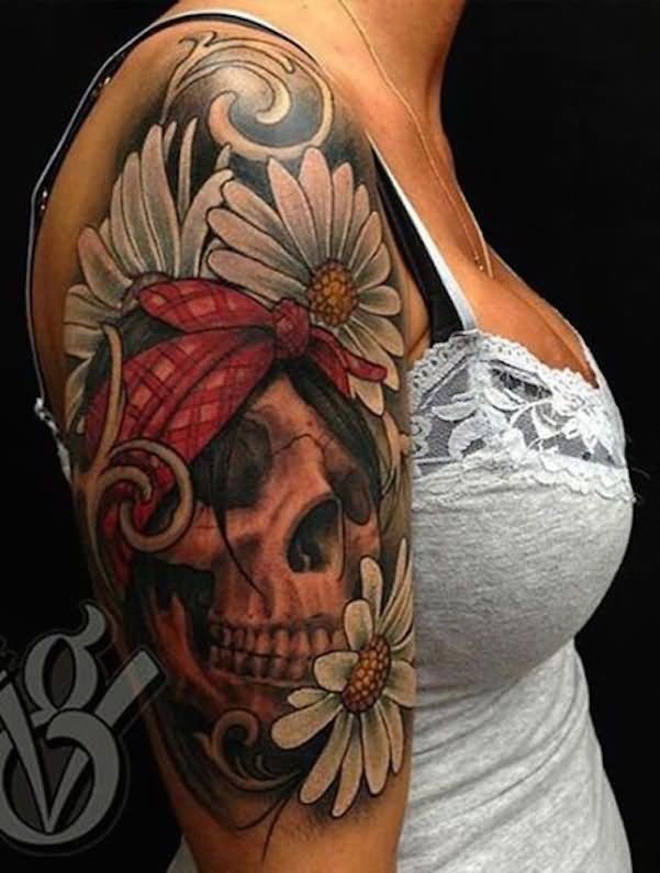 Skull With Flowers Tattoo On Girl Right Half Sleeve