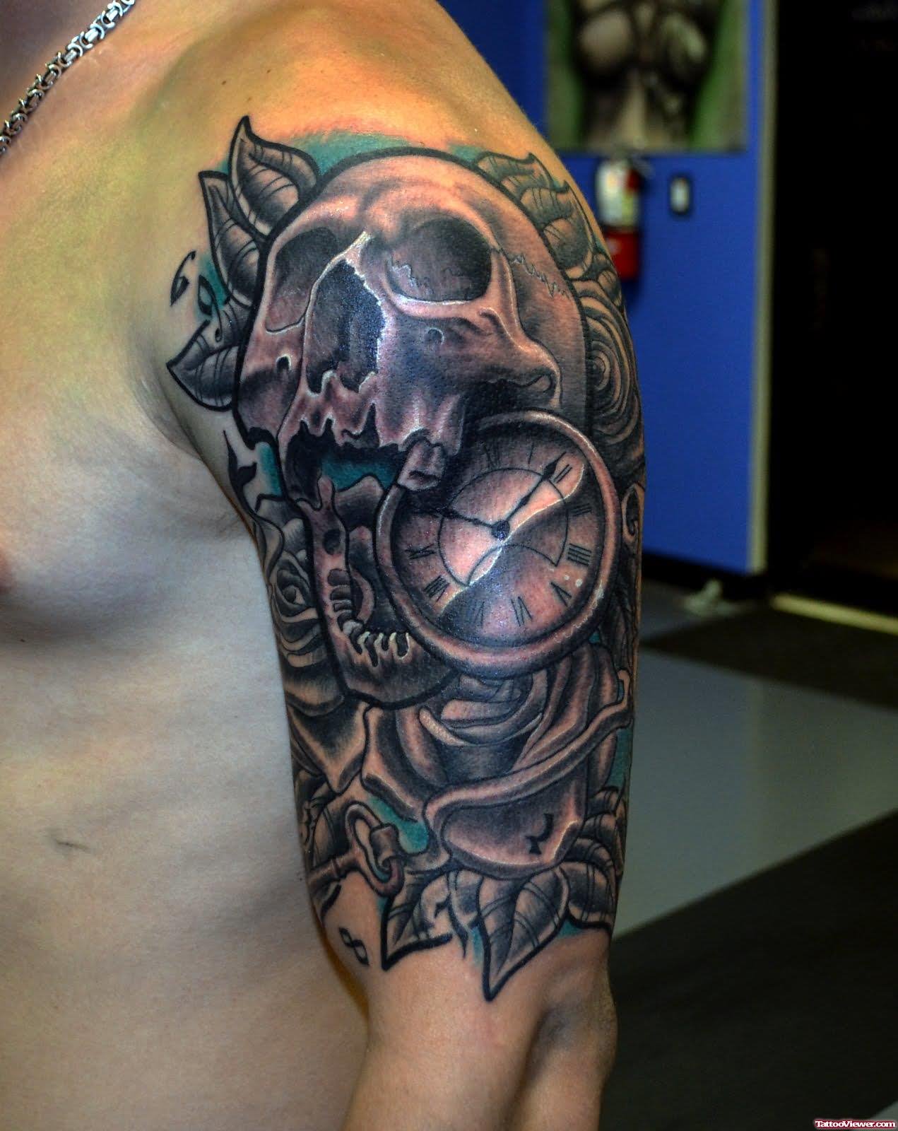 Skull With Pocket Watch Tattoo On Man Left Half Sleeve