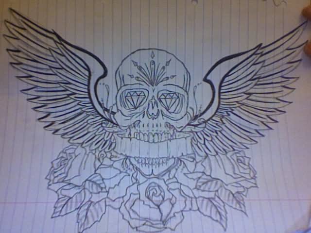 Skull With Wings And Roses Tattoo Design
