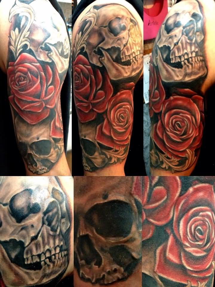 Skulls With Roses Tattoo Design For Half Sleeve