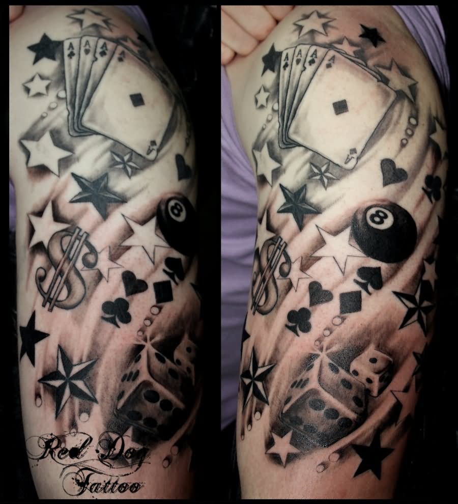 Stars With Dice And Cards Robs Half Sleeve Tattoo by Reddog Tattoos