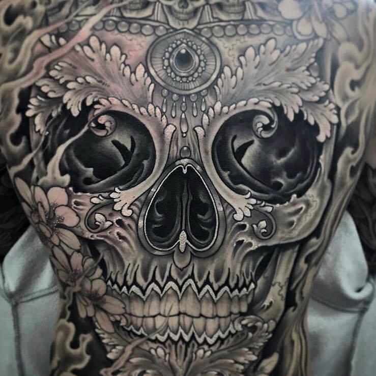 Sugar Skull Tattoo On Full Back by Antony Flemming