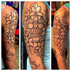 Sugar Skull With Flowers Tattoo On Half Sleeve