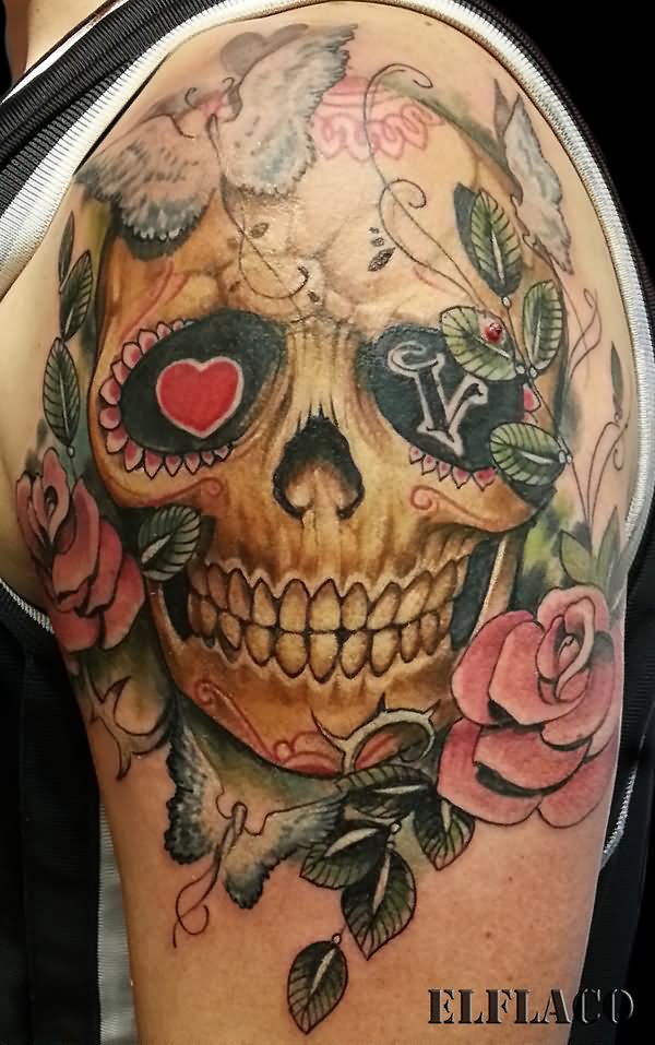 Sugar Skull With Flowers Tattoo On Left Half Sleeve
