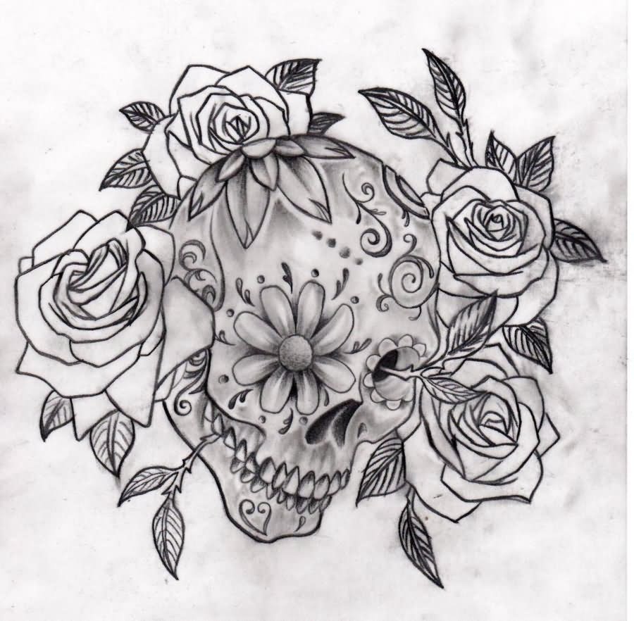 Sugar Skull With Roses Tattoo Design For Half Sleeve