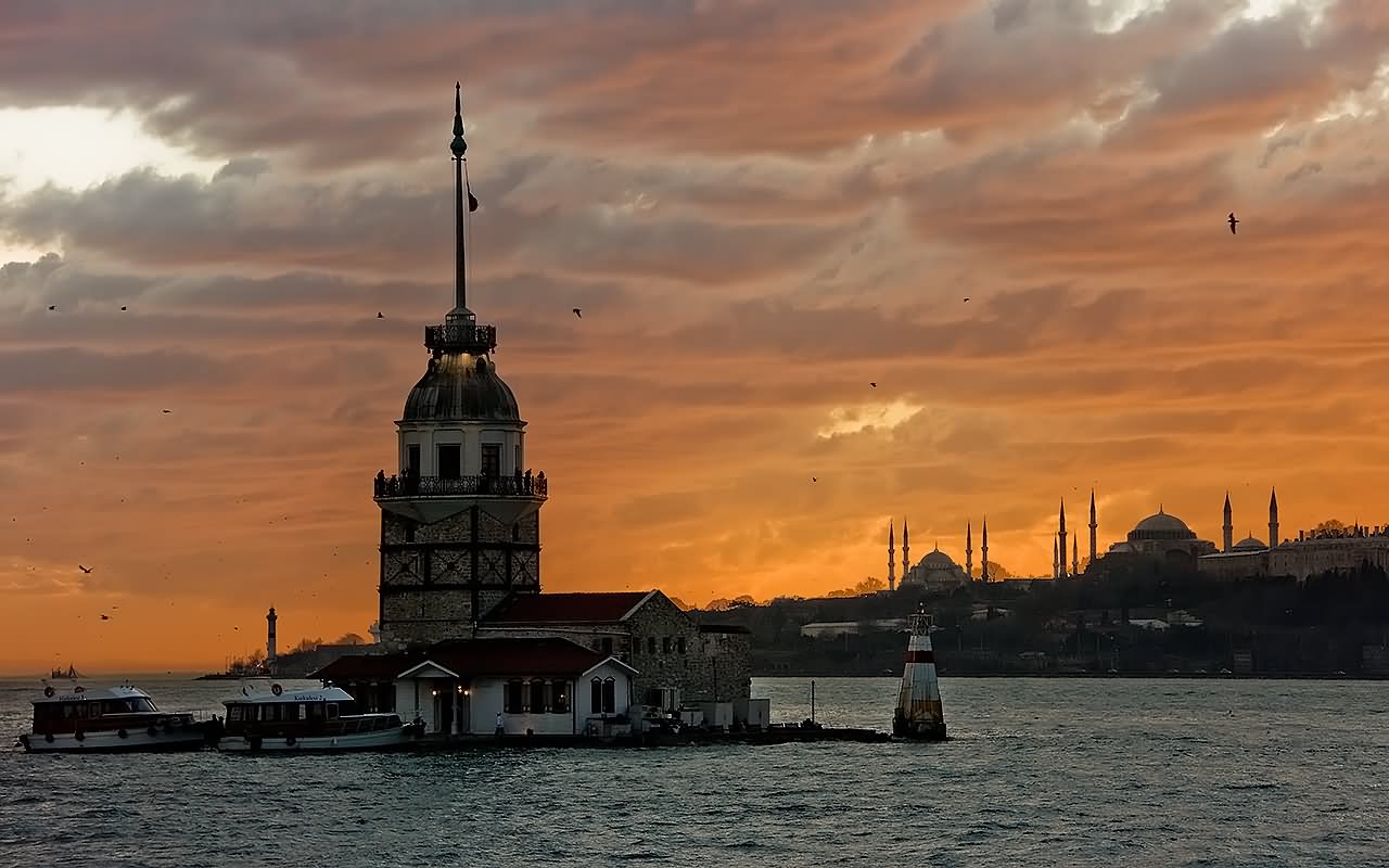 Sunset View Of The Maiden's Tower In Istanbul