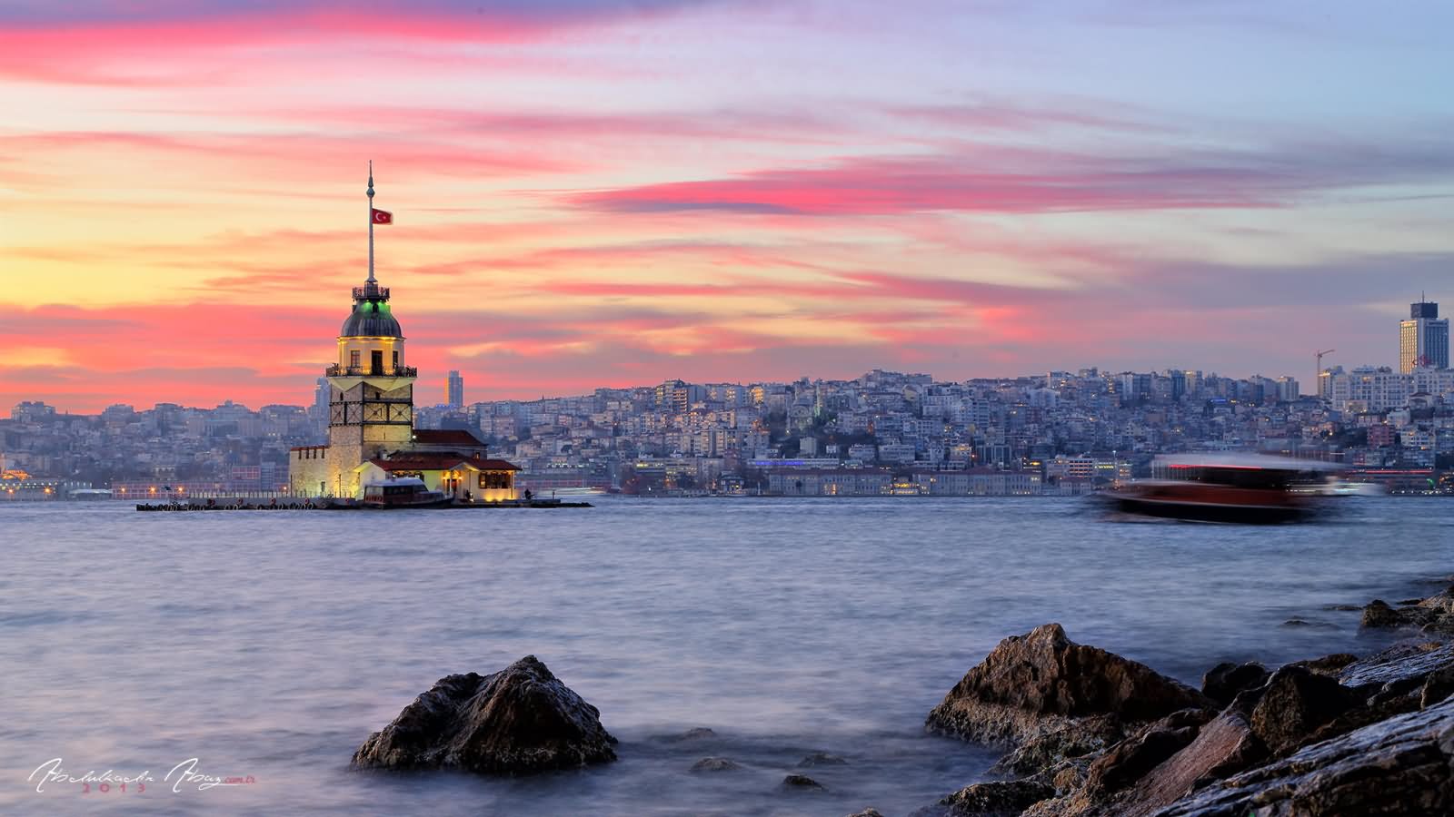 Sunset View Of The Maiden's Tower In Istanbul