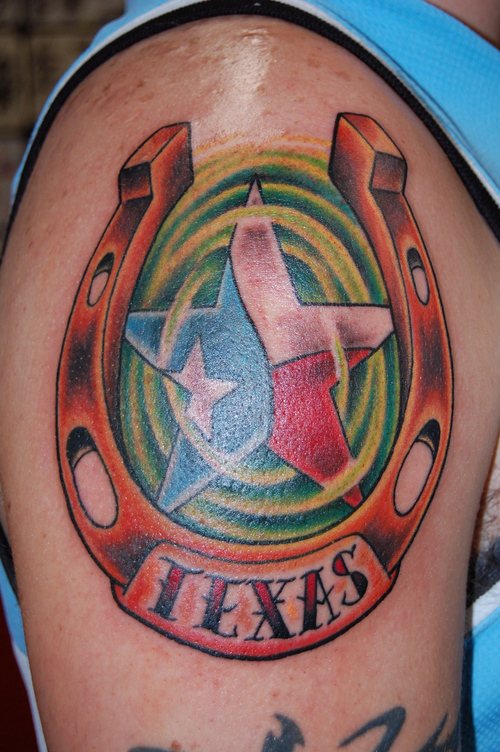 Texas Horseshoe Tattoo On Shoulder