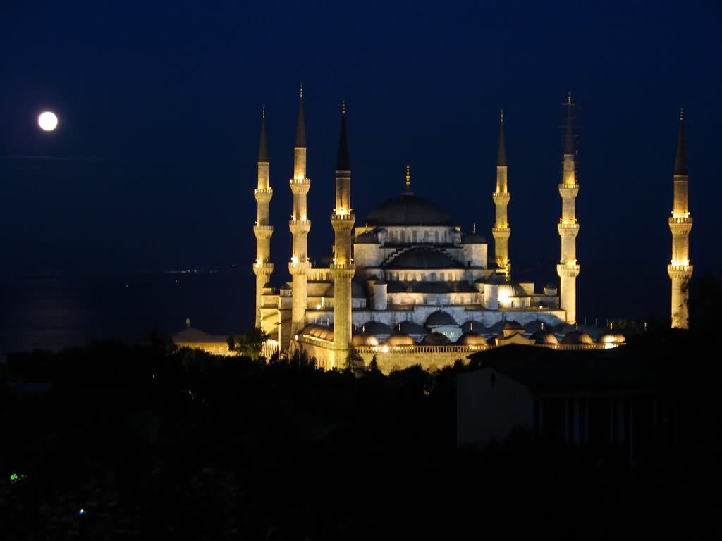 The Blue Mosque With Full Moon At Night