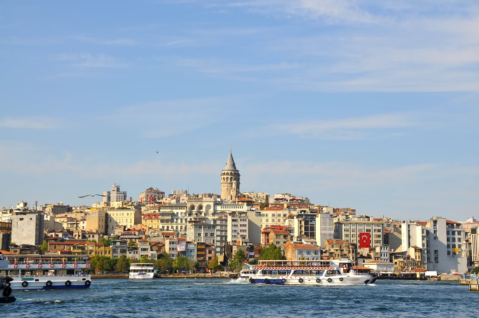 The Galata Tower And Surrounding Buildings View Across The Bosphorus River