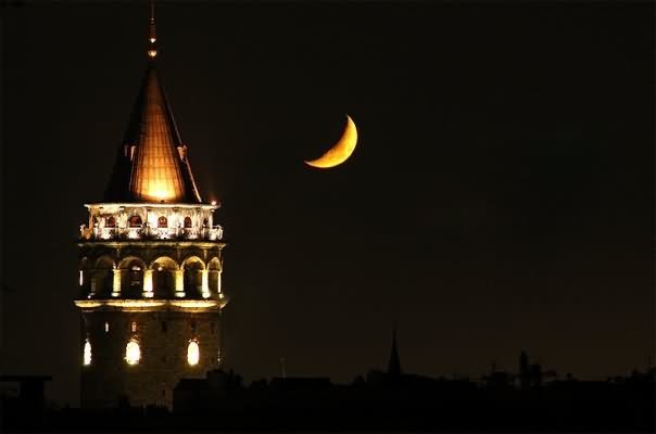 The Galata Tower At Night With Moon