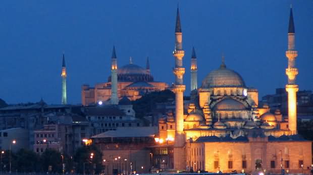 The New Mosque Yeni Cami Lit Up At Night