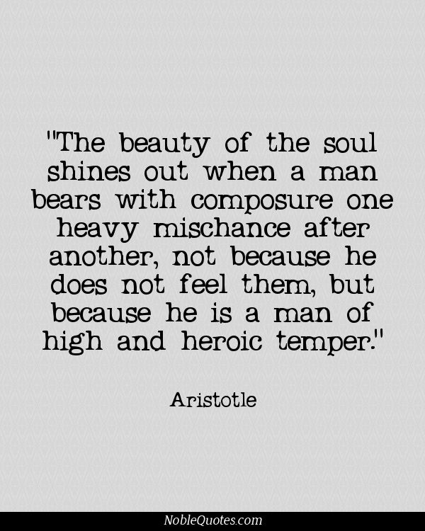 The beauty of the soul shines out when a man bears with composure one heavy mischance after another, not because he does not feel them, but because he is a man of high and heroic temper.  - Aristotle