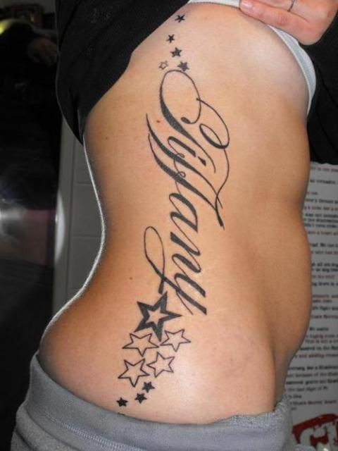 Tiffany Lettering With Stars Tattoo On Right Side Rib
