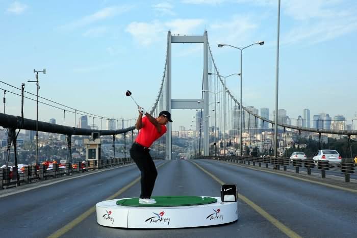 Tiger Woods Playing Golf On The Bosphorus Bridge