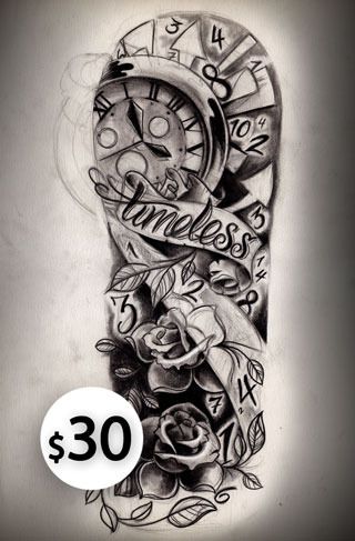 Timeless Banner And Flowers Half Sleeve Tattoo Design