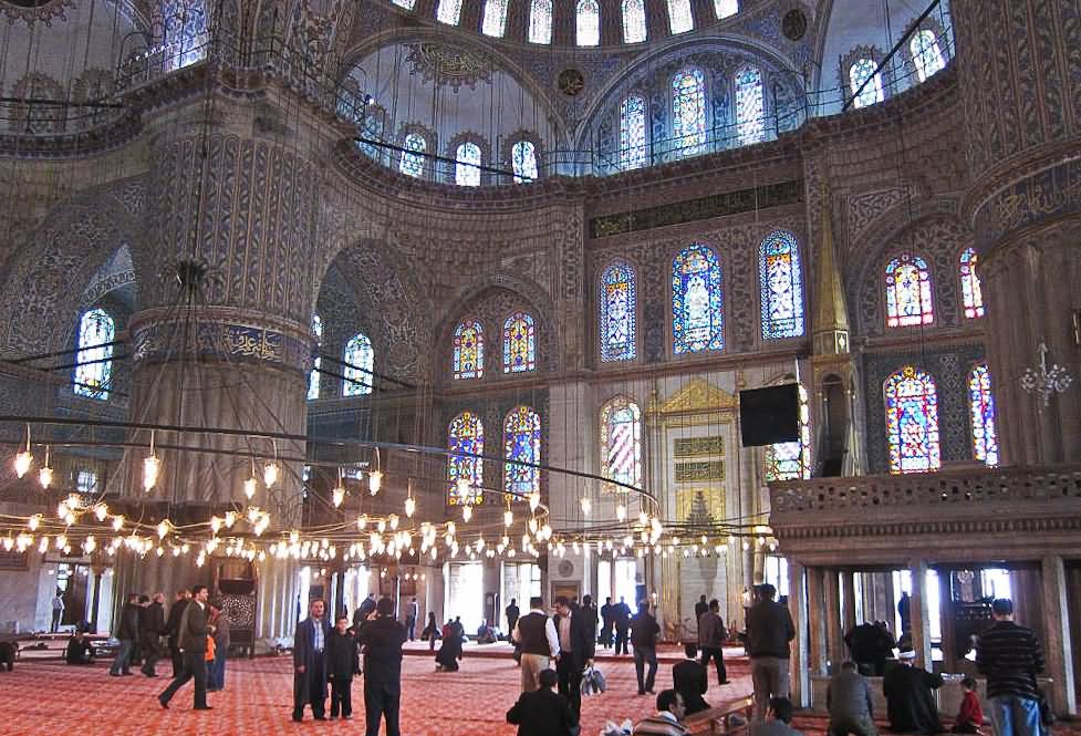 Tourists Inside The Blue Mosque In Istanbul