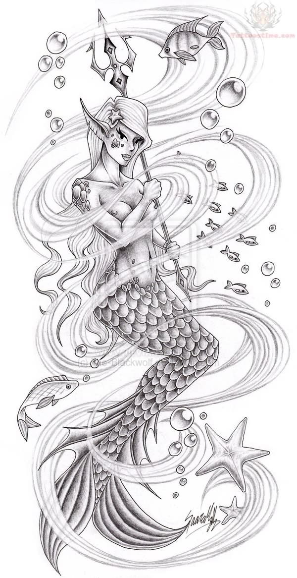 Traditional Aquarius Mermaid Tattoo Design