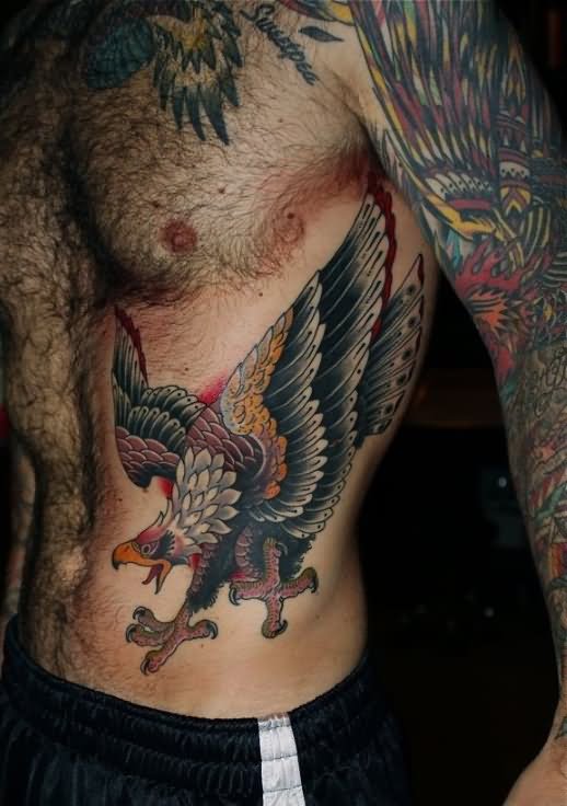 Traditional Eagle Tattoo On Man Side Rib