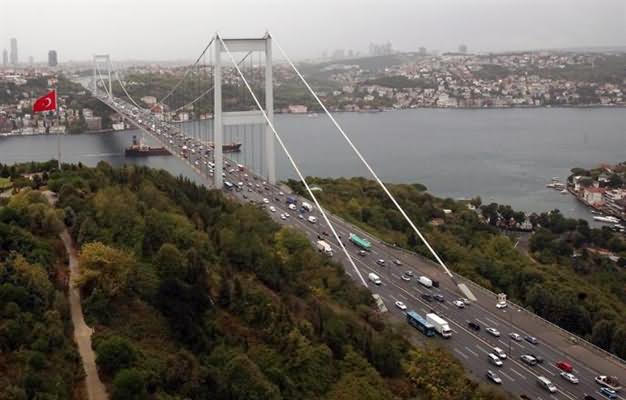 Traffic Passing On The Bosphorus Bridge Aerial View